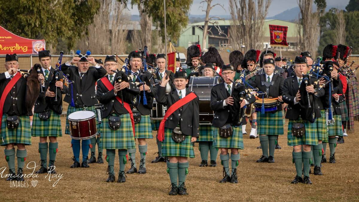 Charlie Wilson leading Maitland Pipes and Drums Band at the Highland Games. Picture: Amanda Ray Images
