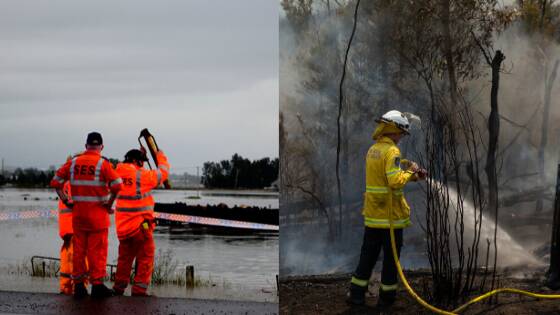 LEFT: State Emergency Service personnel survey the damage after the 2015 April superstorm. RIGHT: A Firefighter on scene at a fire at Pelaw Main at the end of 2019.