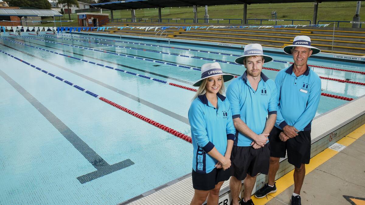 SPLASH: Lifeguards Breanna Lacy, Scott Bathgate and Larry Barden are ready for the season launch at East Maitland Aquatic Centre. Picture: Marina Neil
