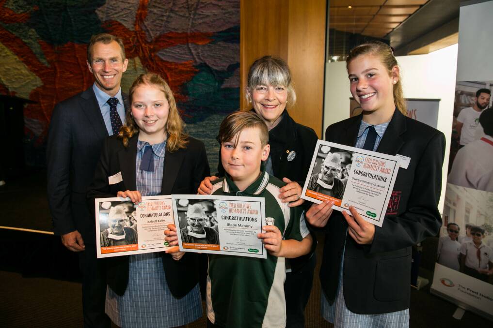 WINNERS: NSW Education Minister Rob Stokes, Isabell Kelly, Blade Mahony, Fred Hollows Foundation founding director Gabi Hollows and Georgia Simmons-Aspinall