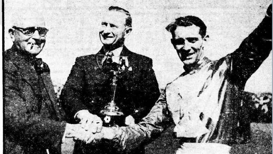 CUP RUNNETH OVER: Mr Dan Lewis (trainer) Mr Leonard G Robinson (owner) and Mr William Fellows (rider). The Daily News November 3, 1949. PHOTO: Carters.com.au