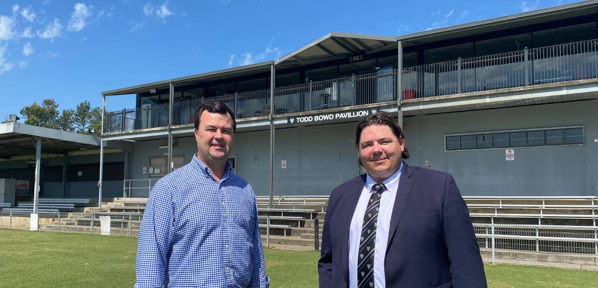 SOLD: Catholic Diocese of Maitland-Newcastle CEO Sean Scanlon (left) pictured with Maitland Rugby Union Club President Pat Howard at Marcellin Park.