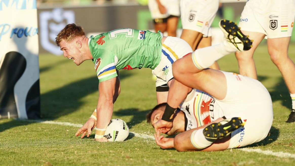 TRY TIME: Hudson Young crashes over against Penrith for his first try in the top grade. PICTURE: Keegan Carroll.