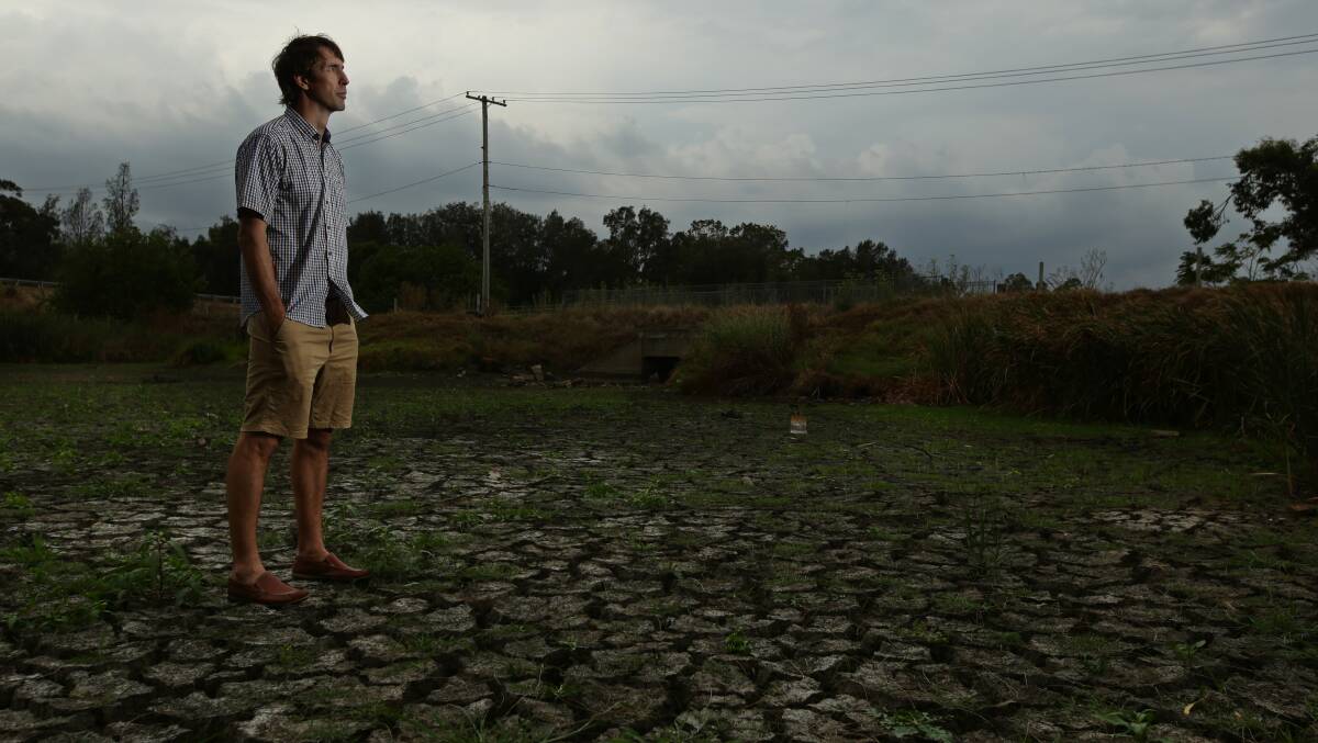 FISH OUT OF WATER: Cr Don Ferris standing in what was once was a pond near Telarah Lagoon. PICTURE: Simone De Peak.