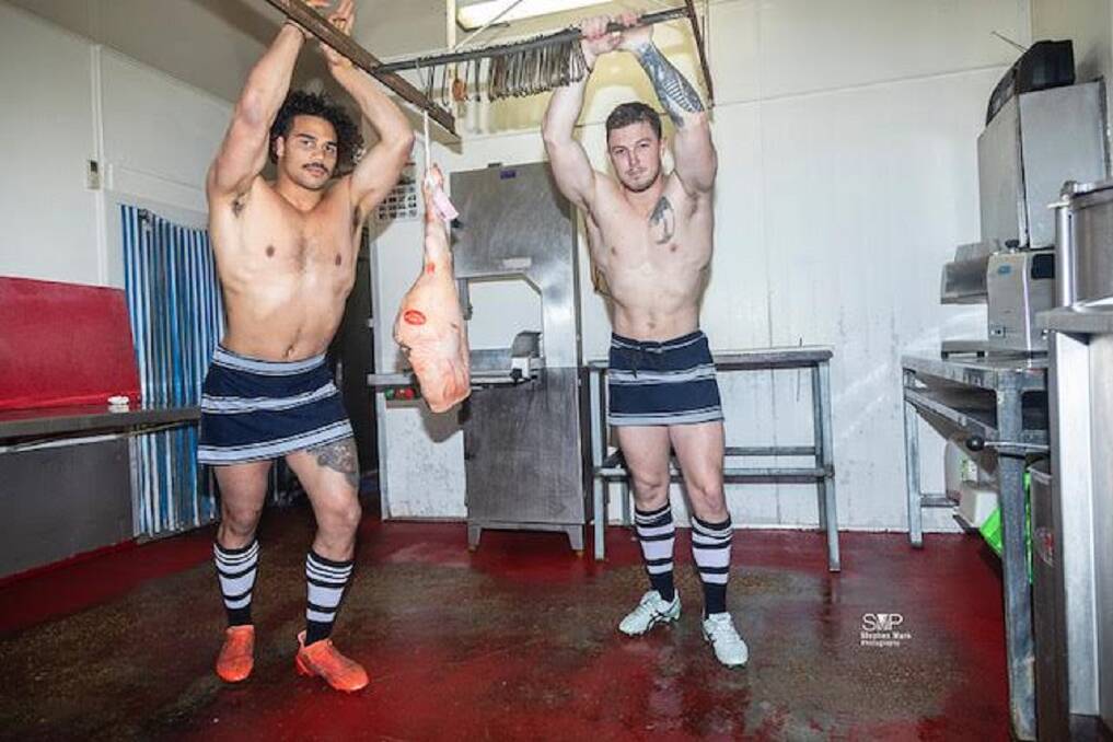 MEATY BUSINESS: January boys Elliott Jennings and Hayden Grainger posed at Reid's Butchery to help the Buy a Bale drought relief campaign. Picture: Stephen Mark Photography.