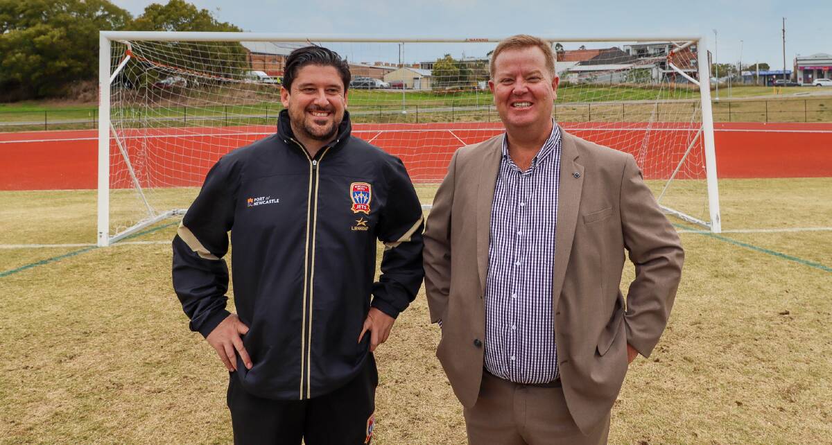 KICKING GOALS: Maitland Mayor Philip Penfold pictured with Arthur Papas. PICTURE: Maitland City Council.