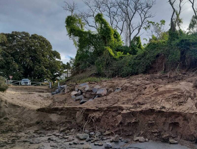 EROSION: Major erosion has occurred on the Rosebrook side of Melville Ford Bridge. PICTURE: Maitland City Council.