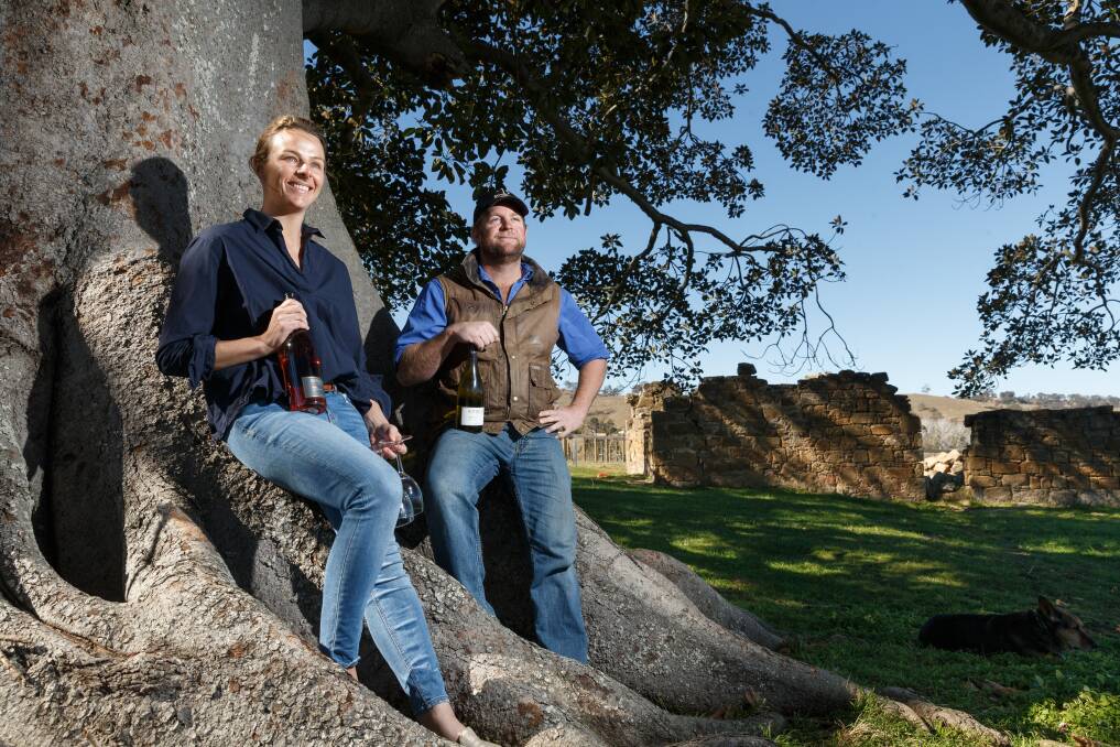HERE'S CHEERS: East Gresford couple Jane and Dan Maroulis of Boydell's Winery will soon open their cellar door in a slab cottage at Morpeth. PICTURE: Max Mason Hubers.
