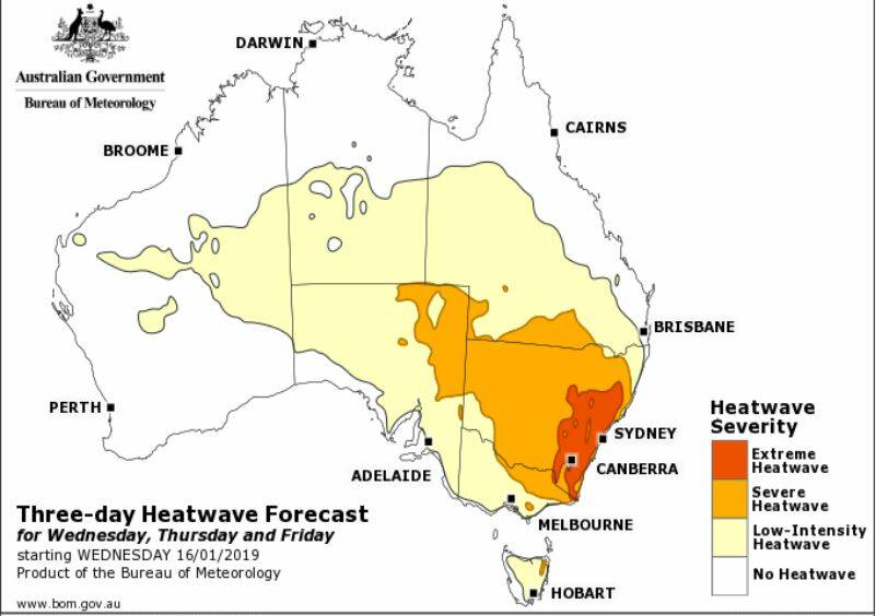 EAST COAST HEAT: An image from the Bureau of Metorology showing the heatwave affected areas. IMAGE: Bureau of Meteorology.