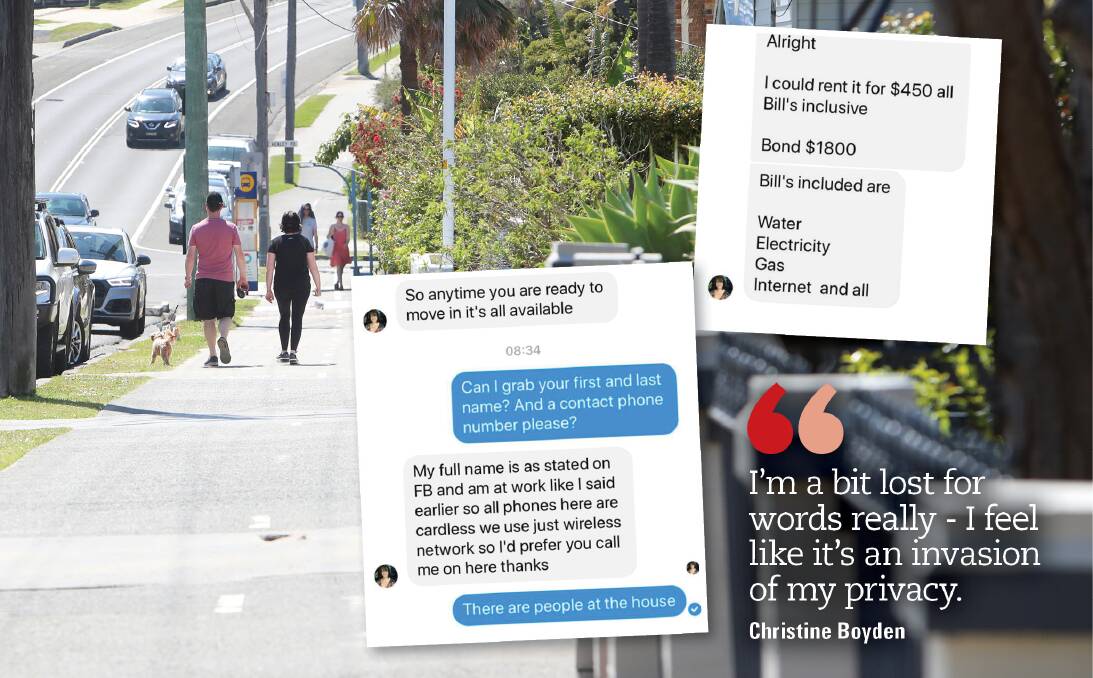 Scamwatch: Fraudsters targeted homes on Lawrence Hargrave Drive (main); some of the messages sent to Jackie Smith by the would-be scammer (inset); Christine Boyden speaks out after her home was used in the scam. 