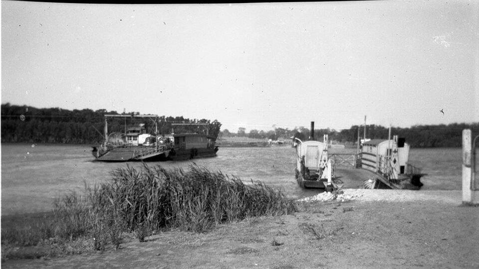 The Hexham punt, c1946, with cars aboard. It was operated by the Department of Main Roads (State Library of NSW).