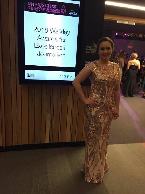 REPRESENTING RURAL: Belinda-Jane Davis arrives in her 'dusty paddock' dress at the Walkley awards.