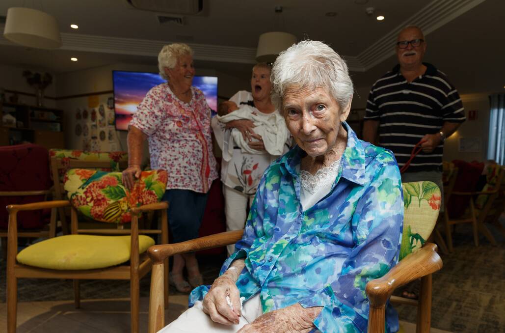 HAPPY 100TH: Laurel Dooley will celebrate her 100th birthday on Friday with family, including her newest great-great-grandson Maverick (in background). Picture Max Mason-Hubers.