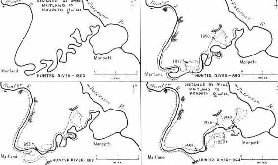 CHANGE: The changing course on the Hunter River between Maitland and Morpeth, 1860-1964. The channel has been fairly stable since 1964