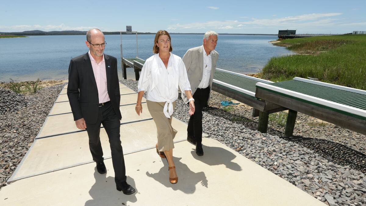 DECISION: Minister for Water Melinda Pavey with Darren Cleary, left, and Graham Wood from Hunter Water, at Grahamstown Dam on Tuesday. Picture: Jonathan Carroll