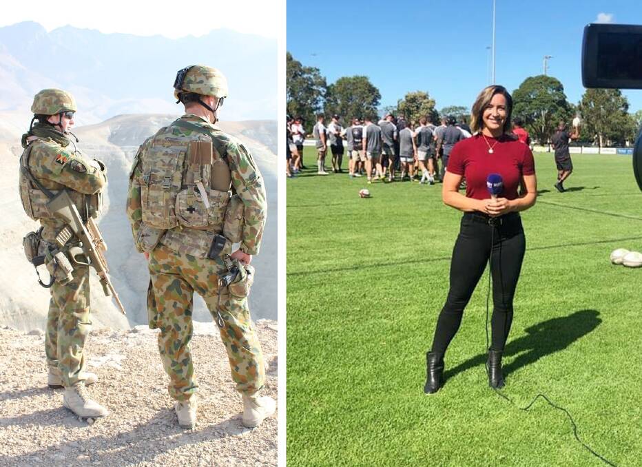 Mollie Gray pictured in Afghanistan during her deployment and as a Fox rugby commentator. 