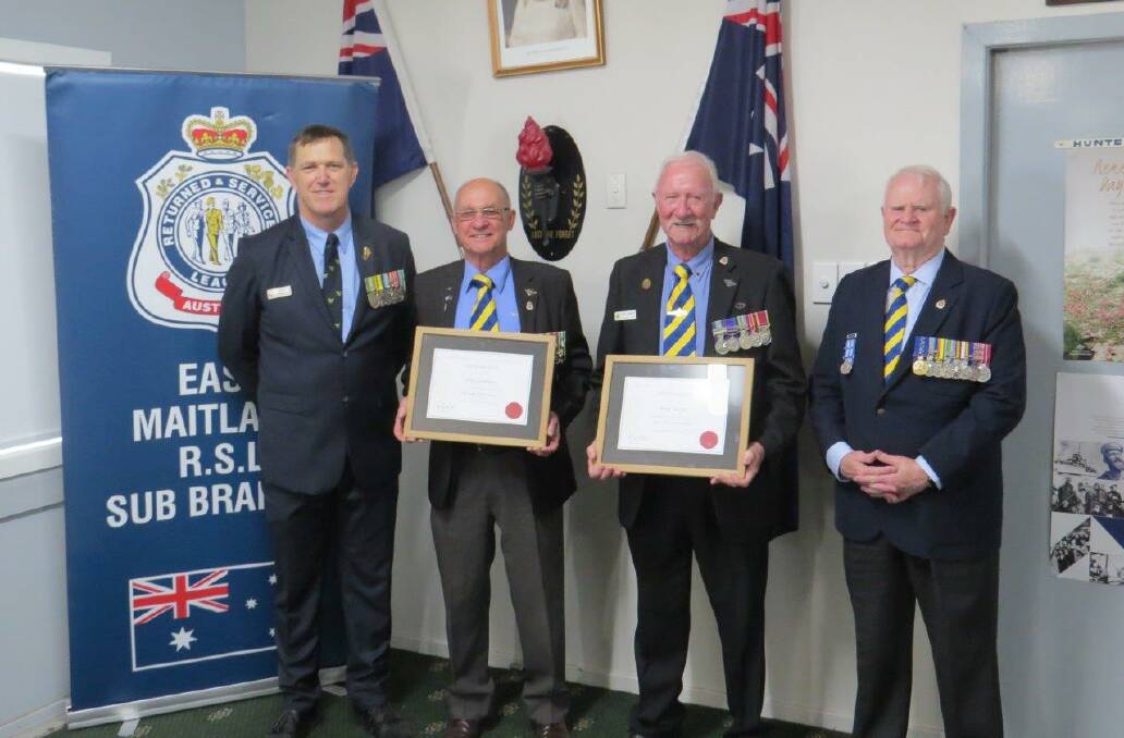 WELL DESERVED: East Maitland RSL Sub-Branch president Stephen Grimmer with life membership recipients Neil Cromarty and Peter Harvey, and NSW RSL Acting State President Ray James OAM.