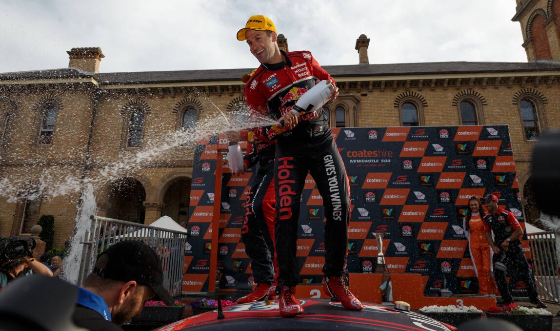 WINNER: Jamie Whincup celebrating after the inaugural Newcastle 500 Supercars event in 2017. Whincup will be back to defend his title this weekend. Picture: Max Mason-Hubers