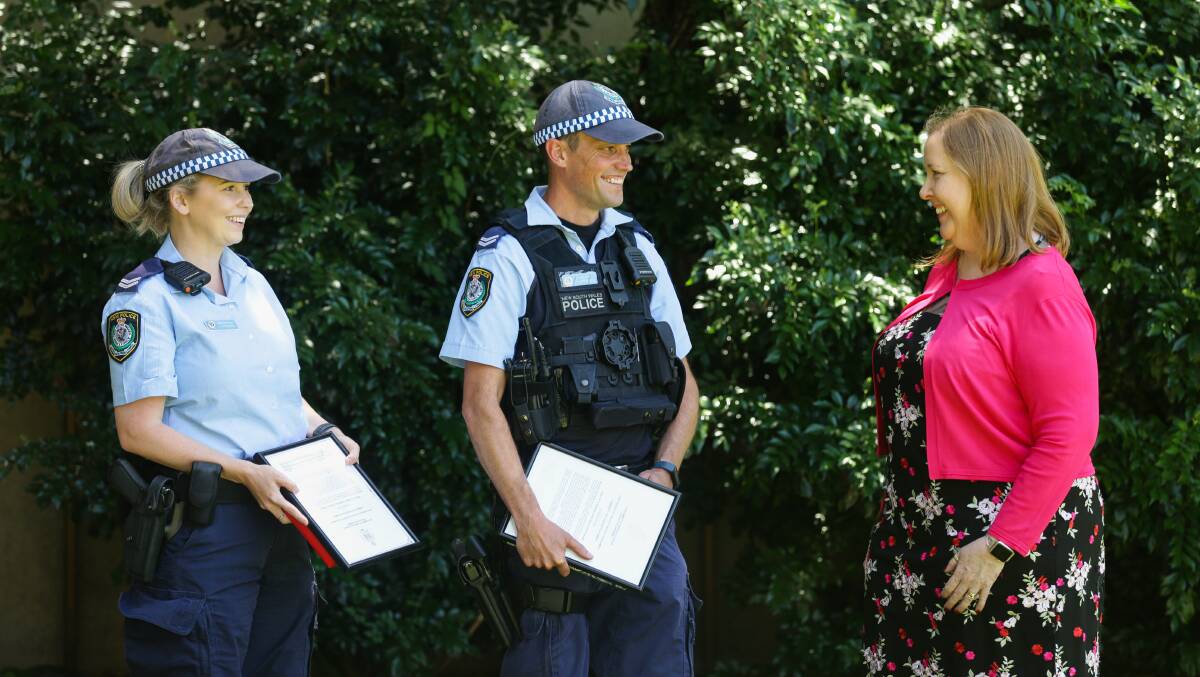 PRAISE AND THANKS: Maitland MP Jenny Aitchison (right) with Port Stephens-Hunter police officers Senior Constable Jenna Stedman and Constable Steven Drane. Picture: Jonathan Carroll