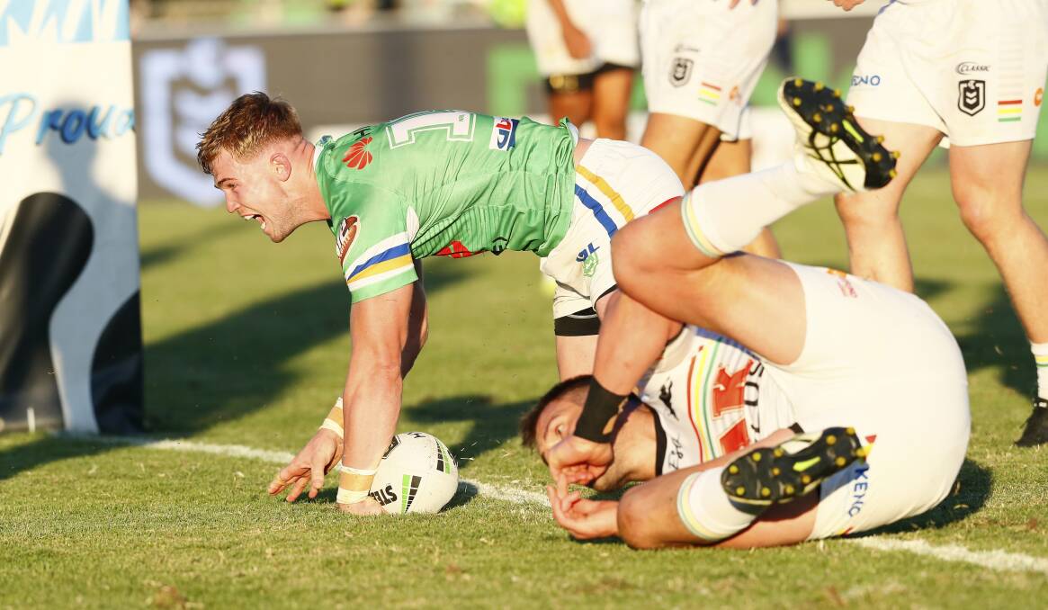 TRY TIME: Hudson Young crashes over against Penrith for his first try in the top grade. Picture Keegan Carroll.