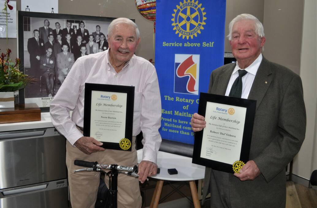 MILESTONE: Rotary Club of East Maitland Norm Burton and Dal Osborn members were recognised with Life Membership of the club this week. 