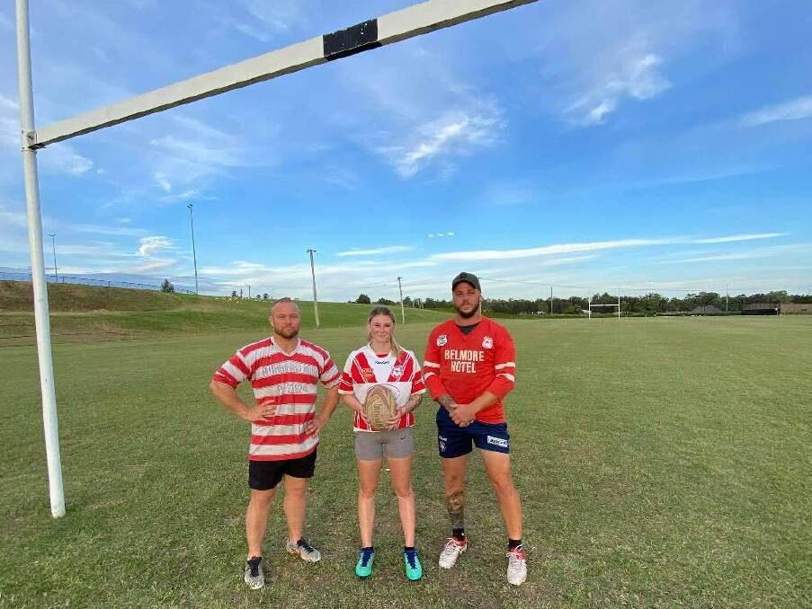 SEEING RED: Captain-coach Josh Papworth with Lilly-Bree Humbles from the Ladies Tag squad and men's star recruit, Geordie Connelly.