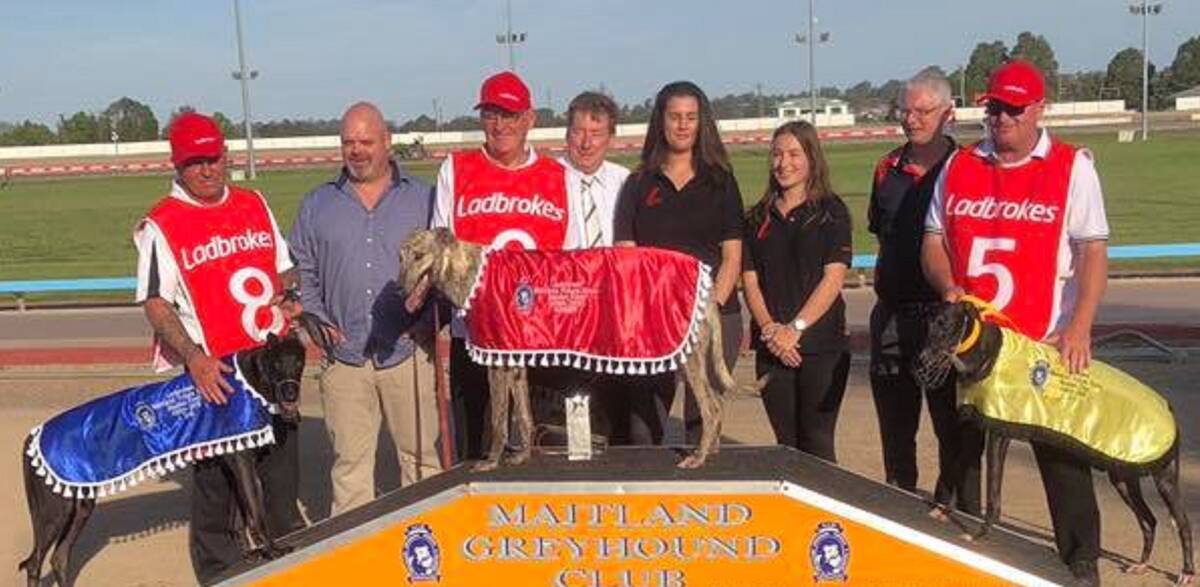  Londonderry trainer Frank Hurst with Ladbrokes Maitland Future Stars Maiden Final winner Good Odds Harada, flanked by runners-up Embossed and Chevy Thor.