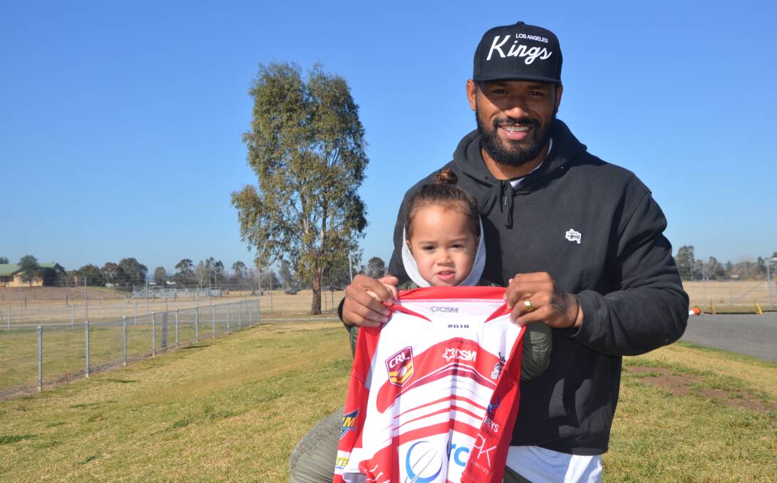 FAMILY TIES: New Singleton Greyhounds signing Frank-Paul Nuuausala and three-year-old son Kobee at Pirtek Park on Wednesday.