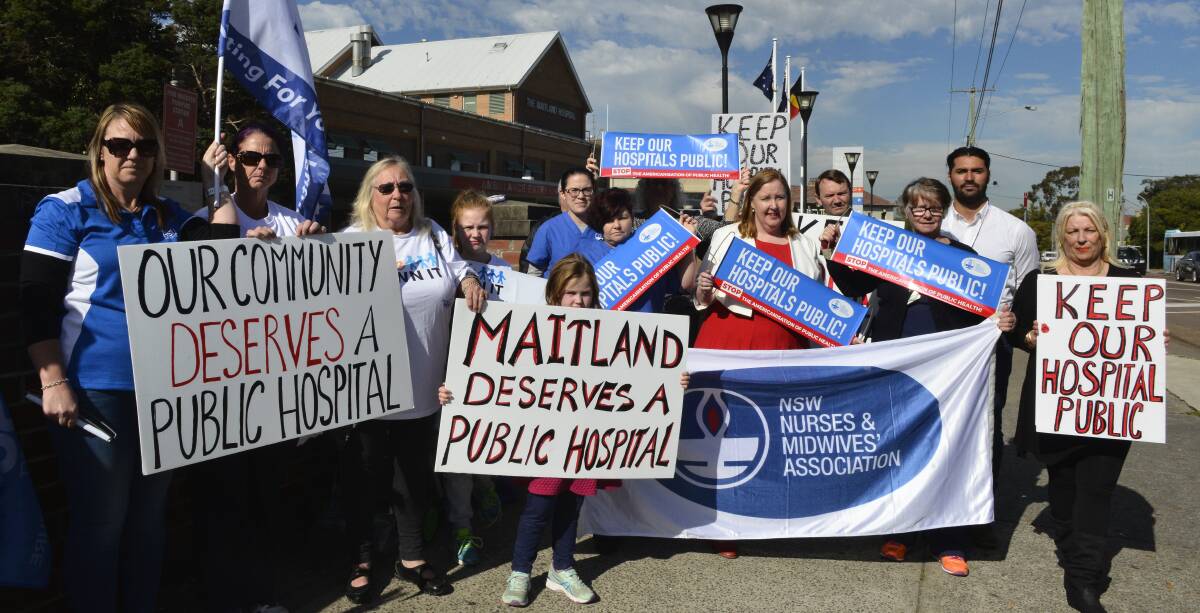 Rally: Maitland MP Jenny Aitchison, union representatives, hospital staff and community members at the action on Monday. Photo: Lachlan Leeming.  