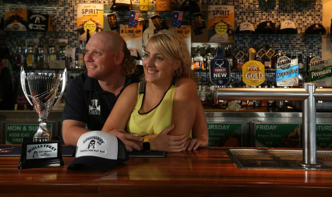 Calm after the storm: Laura Johnson and husband JJ Johnson behind the bar at the Chelmsford Hotel after Saturday's inaugural Mulletfest. Picture: Simone De Peak