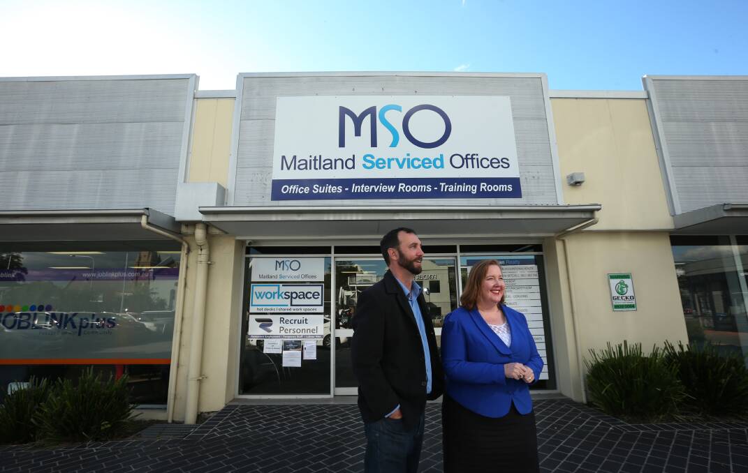 Change of scene: General Manager of Maitland Serviced Offices Paul Callinan with his newest tenant, Maitland MP Jenny Aitchison. Picture: Simone De Peak