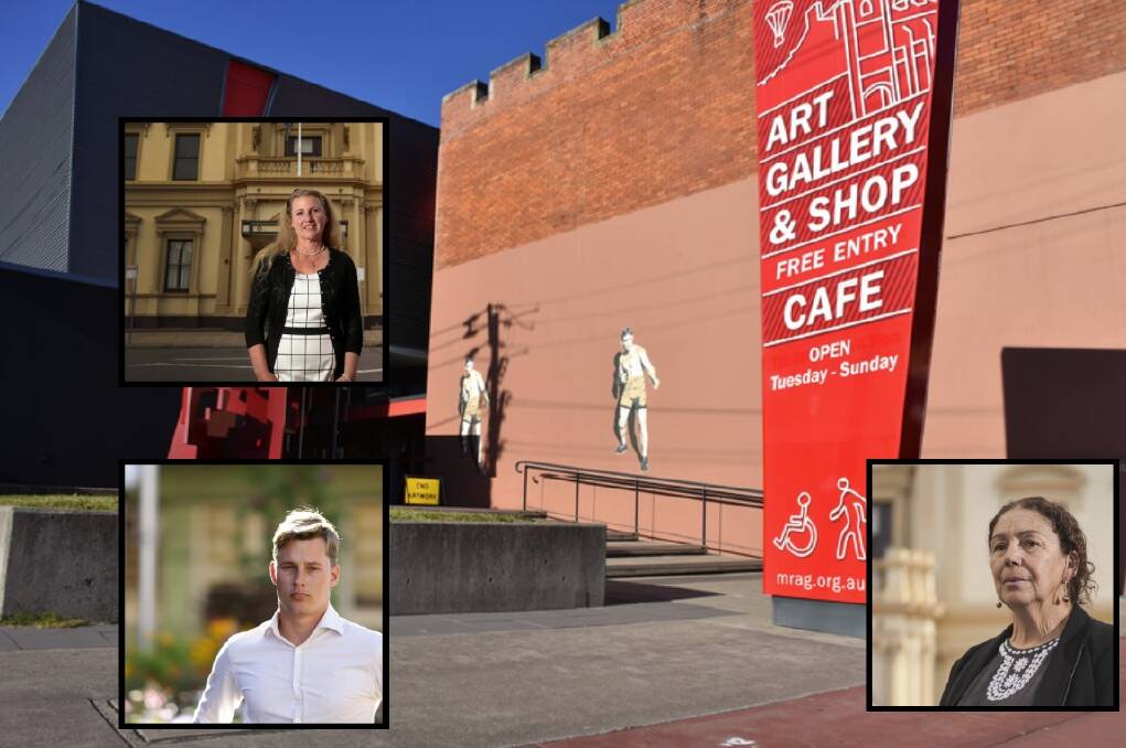 Who said what: Maitland Regional Art Gallery and (inset, counter-clockwise from top left) Cr Sally Halliday, Cr Ben Mitchell and Maitland Mayor Cr Loretta Baker. 