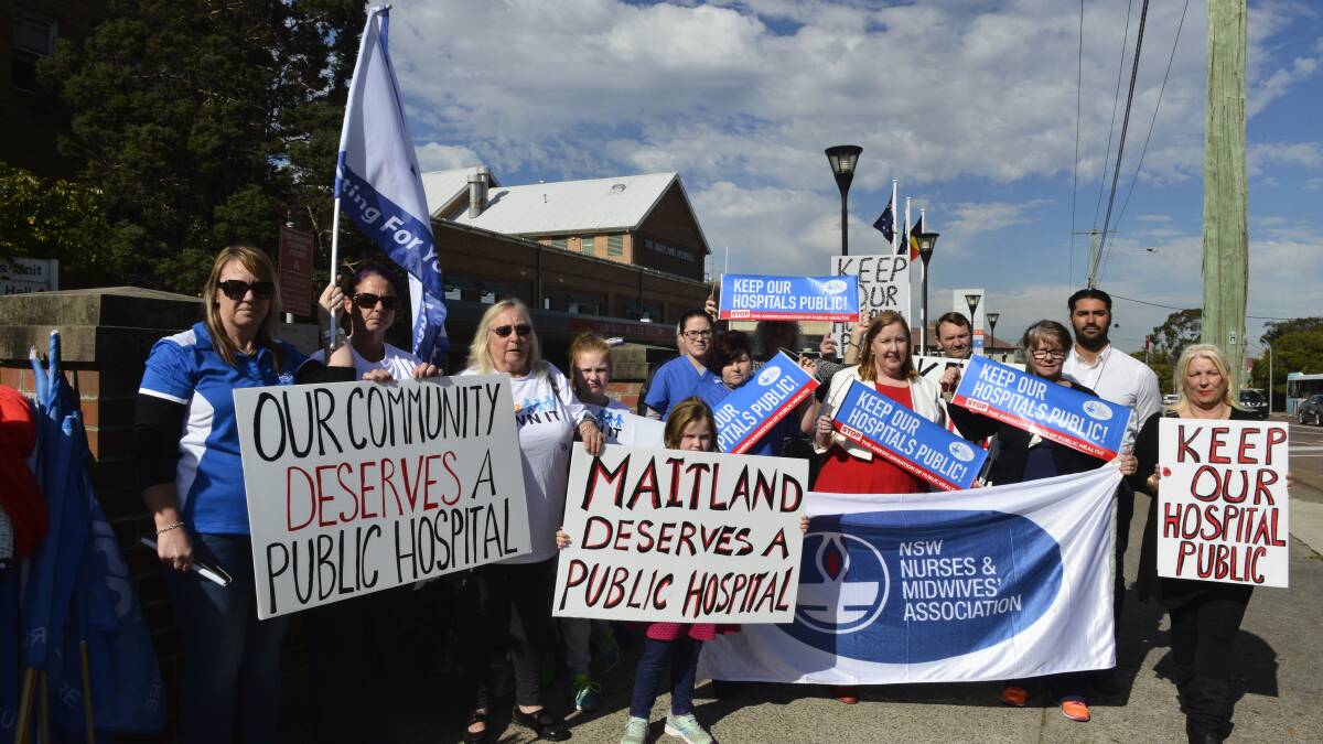 Rally: Maitland MP Jenny Aitchison, union representatives, hospital staff and community members at the action on Monday. Photo: Lachlan Leeming.