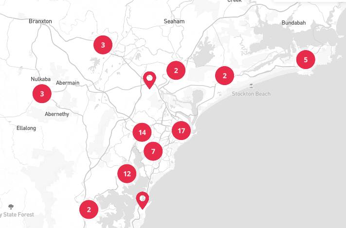 A map showing Hunter exposure sites clustered in central Newcastle and northern Lake Macquarie.