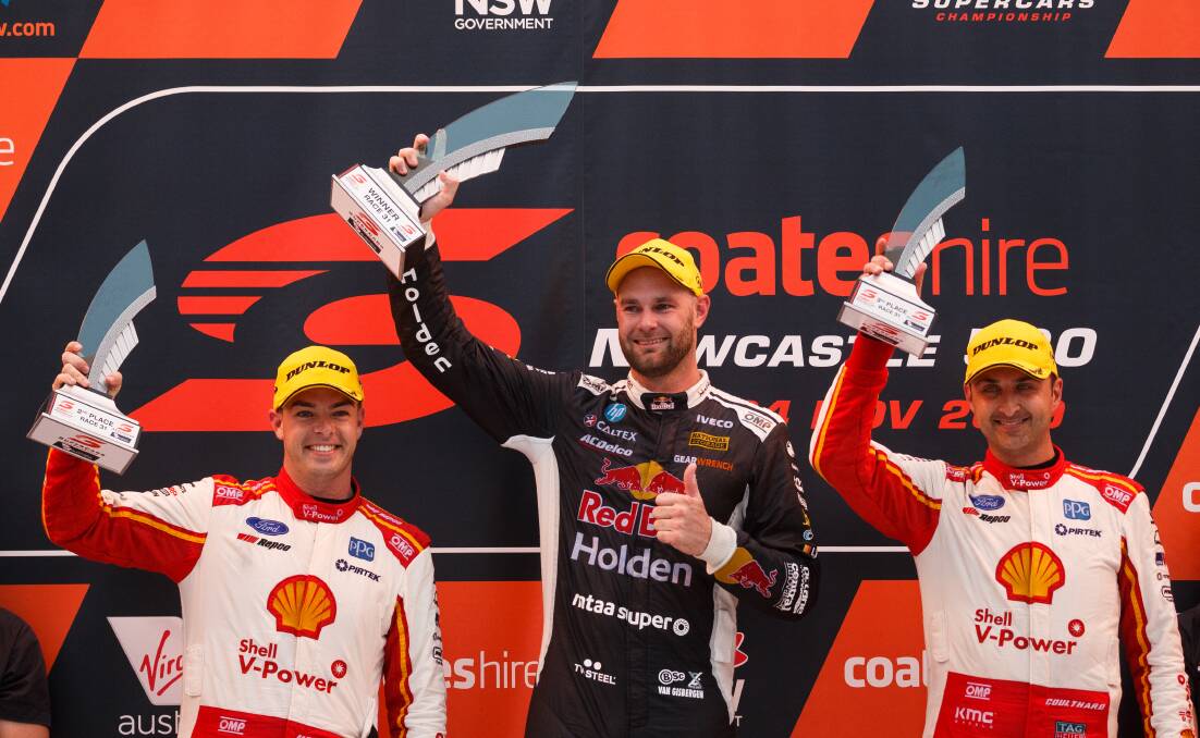 KIWI TRIFECTA: Shane van Gisbergen celebrates on the podium with fellow New Zealanders Scott McLaughlin and Fabian Coulthard. Picture: Max Mason-Hubers