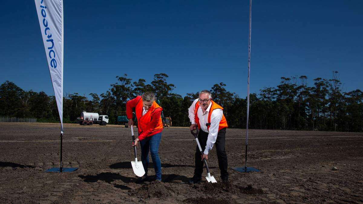 Patron Senator for the Hunter Region Hollie Hughes and Mark Chilcote breaking ground at the company's new Tomago site on Tuesday. Picture: Marina Neil 