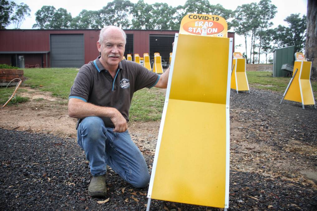 UNIQUE APPROACH: Designer Peter Bevitt with one of the 26 emergency hand sanitiser stations set to be installed in Bega on Saturday. Picture: Alasdair McDonald