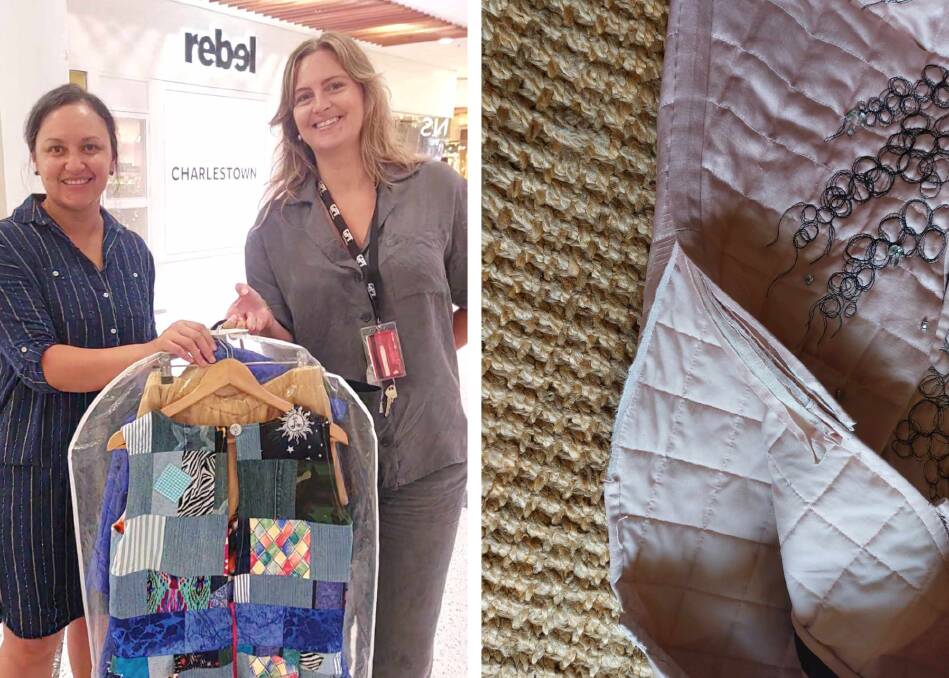 Left, Corethics' Melissa Williams collects garments from GPT Group's Claudia Mason and right, damage to the stolen jacket. Pictures supplied