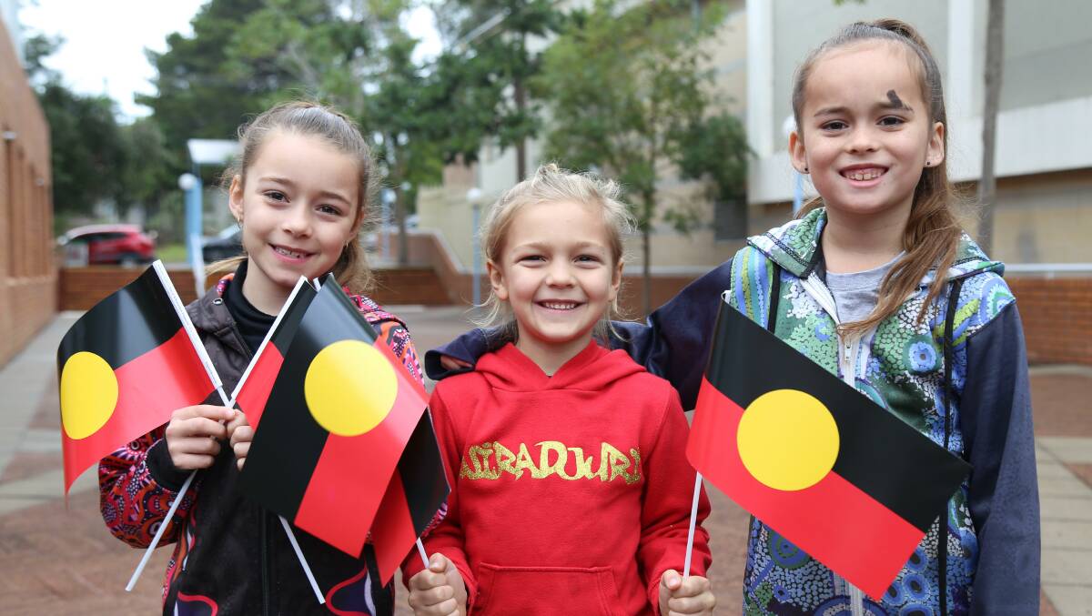 A CELEBRATION: Lola Bovill, Louie Bovill and Scarlett Hunt at the opening of 2019 NAIDOC Week celebrations in Raymond Terrace. Picture: Ellie-Marie Watts