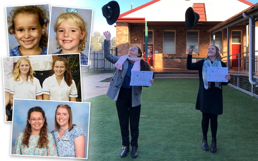 Friends forever: Sammie Love (left) and Naomi Rodwell (right) in the main picture at a ceremony their new workplace held for them in place of their postponed university graduation. They are pictured on the left as students at St Joseph's Primary East Maitland and All Saints' College Maitland and as teachers at St Joseph's Primary Merriwa.