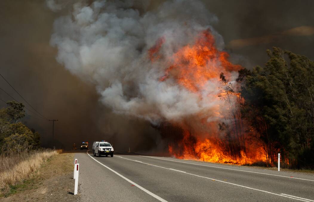 BALL OF FLAMES: The fire explodes through trees along Leggetts Drive. Picture: Max Mason-Hubers