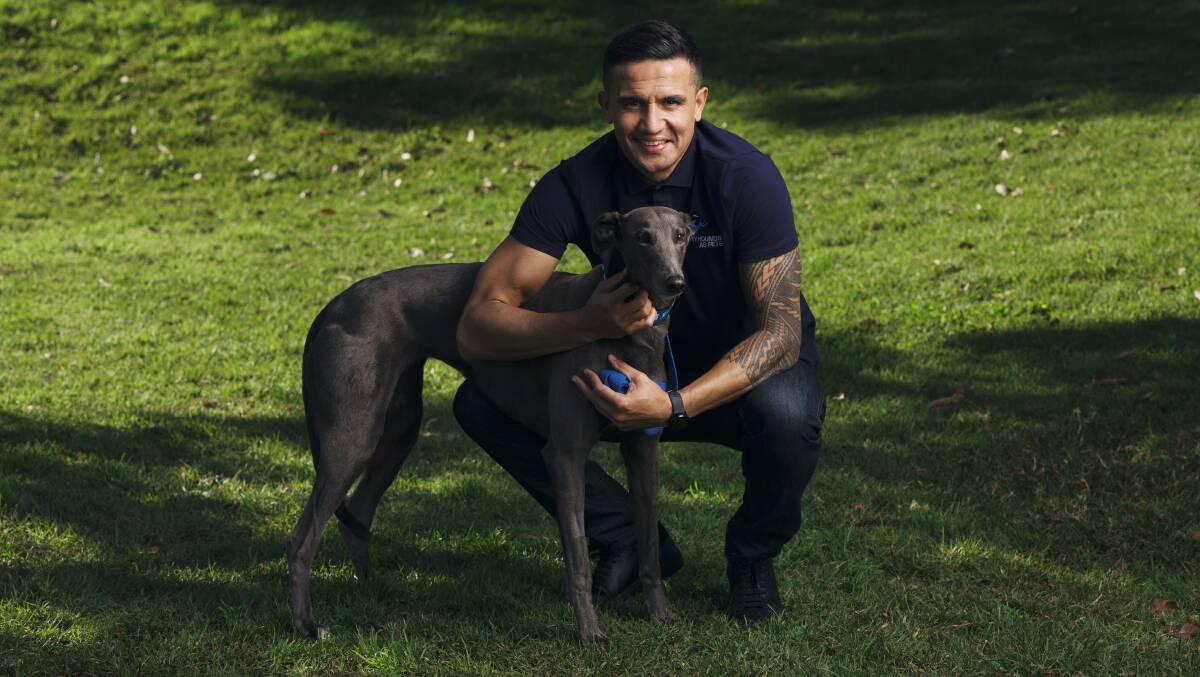 Support: Former professional footballer Tim Cahill with his greyhound Luna Moana. Photo: James Brickwood. 