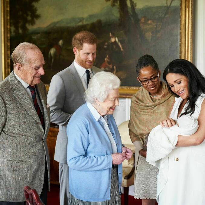 Prince Harry and Meghan, Duchess of Sussex, joined by her mother Doria Ragland, show their new son to Queen Elizabeth II and Prince Philip at Windsor Castle. Picture: Chris Allerton/SussexRoyal via AP