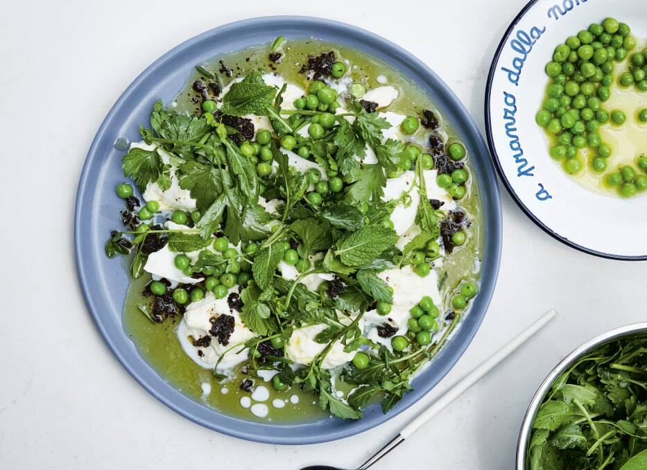 Alison Roman's crushed peas with burrata and black olives. Picture: Michael Graydon