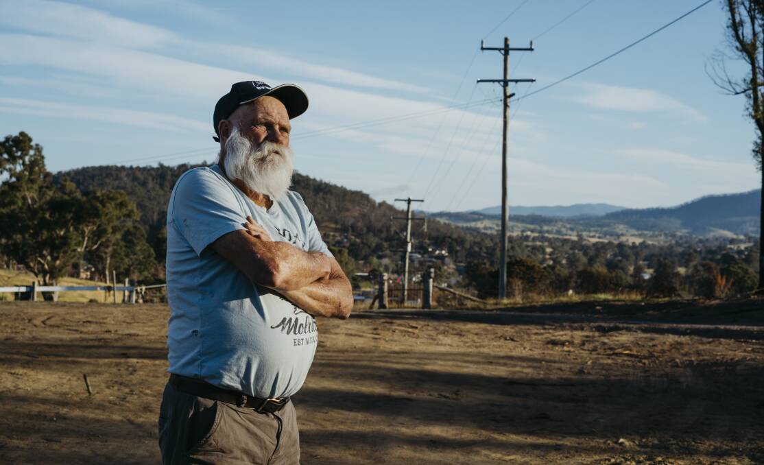 Dave Rugendyke where his home once stood before the bushfire hit Cobargo. He hopes to have his new home built by Christmas. Picture: Dion Georgopoulos
