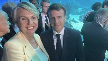 A selfie with the French President, Australia's Environment Minister Tanya Plibersek was given a special shout-out by Emmanuel Macron in at the oceans conference in Lisbon. Picture: Supplied