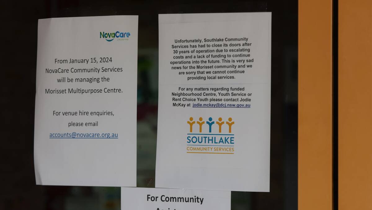A sign on the door at Southlake Community Services said it was forced to close due to escalating costs and a lack of funding. Picture by Simone De Peak 