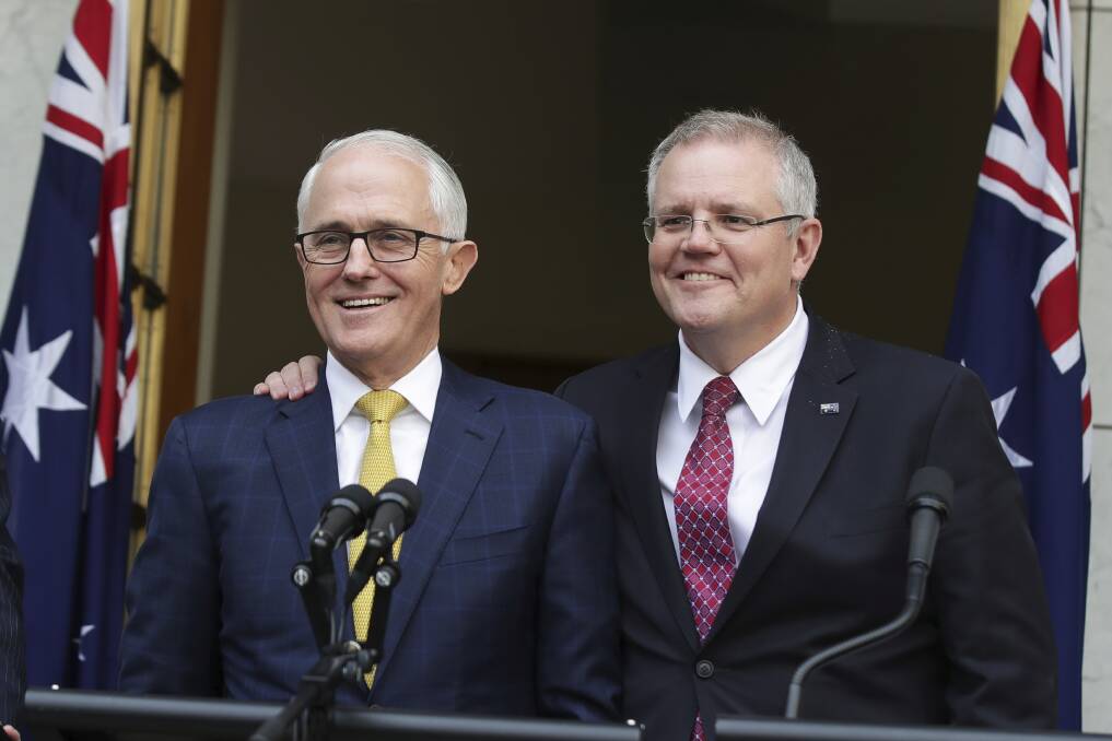 Just days ago: Then Prime Minister Malcolm Turnbull and current Prime Minister Scott Morrison on Wednesday, before the Liberal Party was flipped on its head. Photo: Alex Ellinghausen