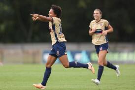 Newcastle Jets striker Sarina Bolden celebrates a goal against Brisbane at Maitland Sportsground on Saturday. Picture Getty Images