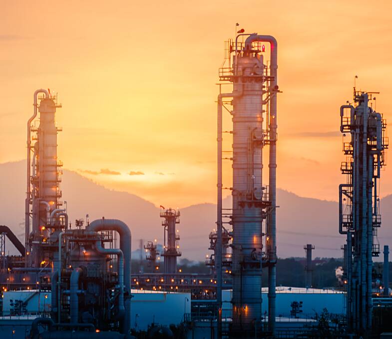 The sun setting on a gas refinery plant. Picture: Shutterstock.